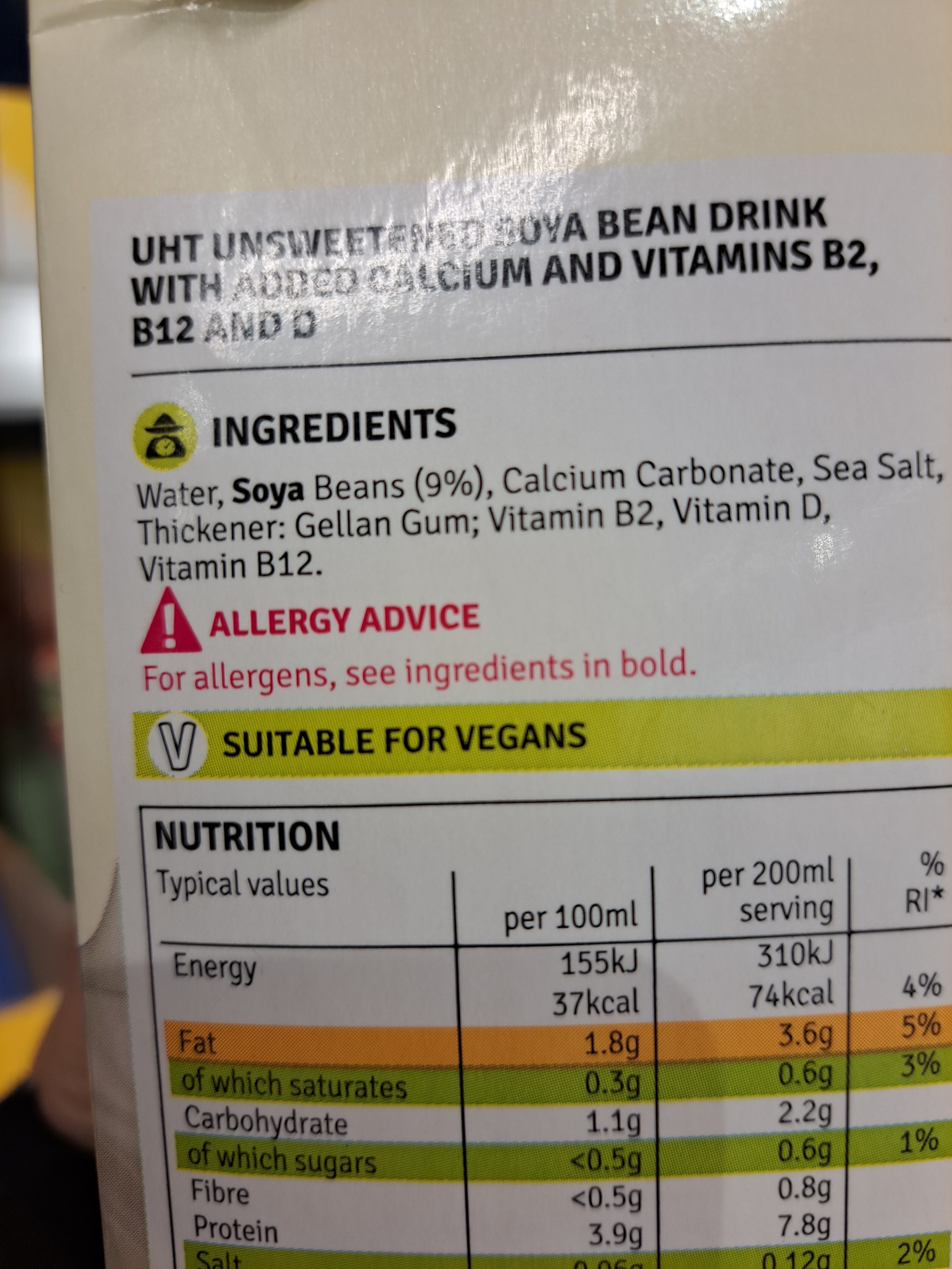 Unsweetened soya milk alternative - Ingredients