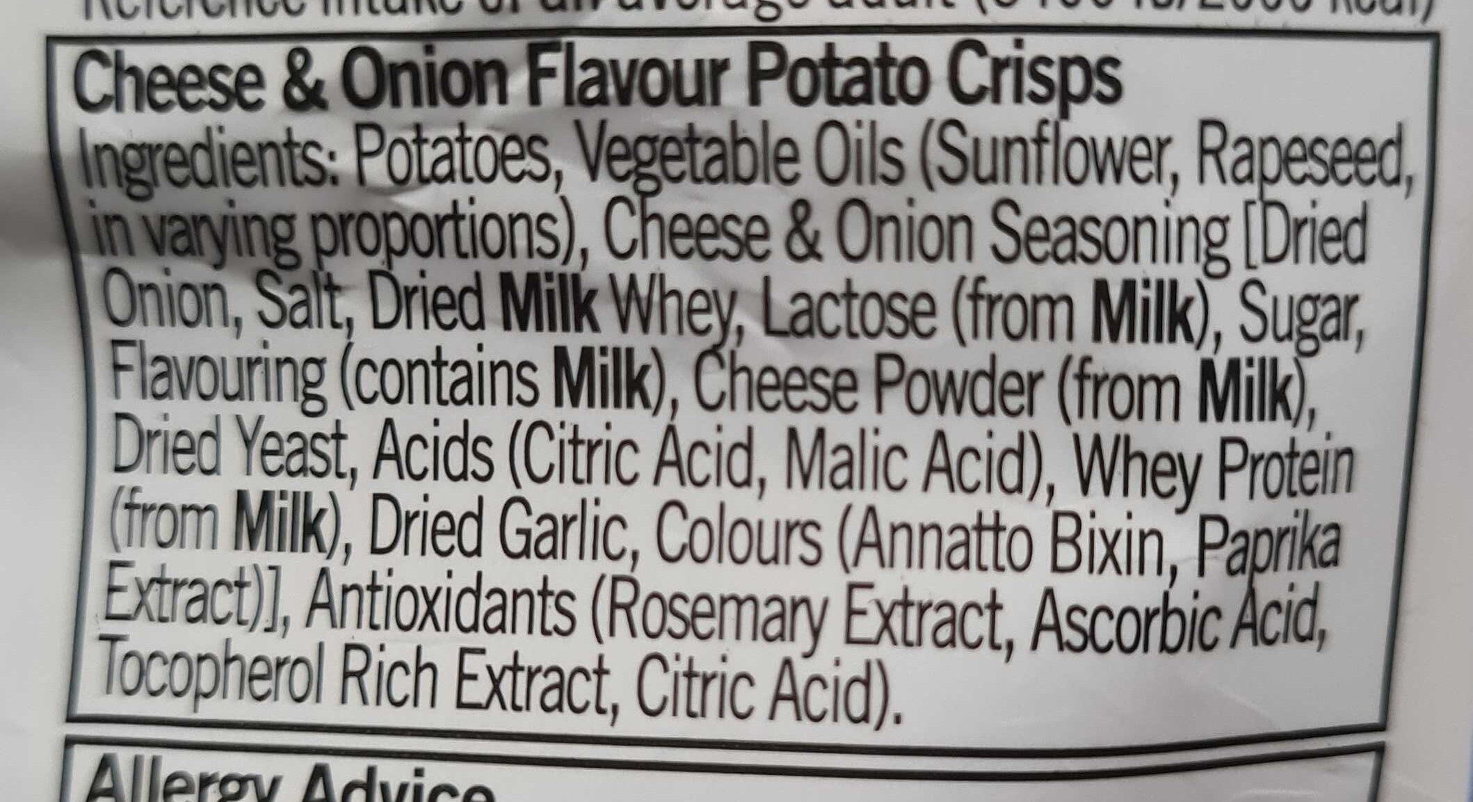 Cheese & Onion Flavour Potato Crisps - Ingredients