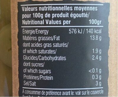 Olives vertes bio denoyautees - Nutrition facts - fr