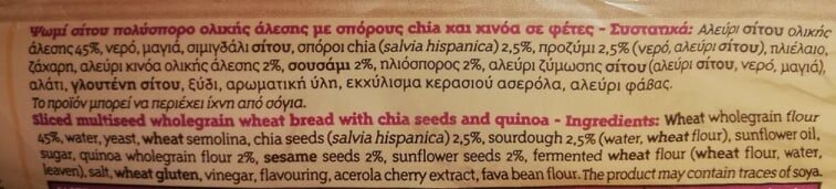 Ψωμί Τοστ Παπαδοπούλου Αρχαία Σπορά Chia & Quinoa - Ingrédients - el