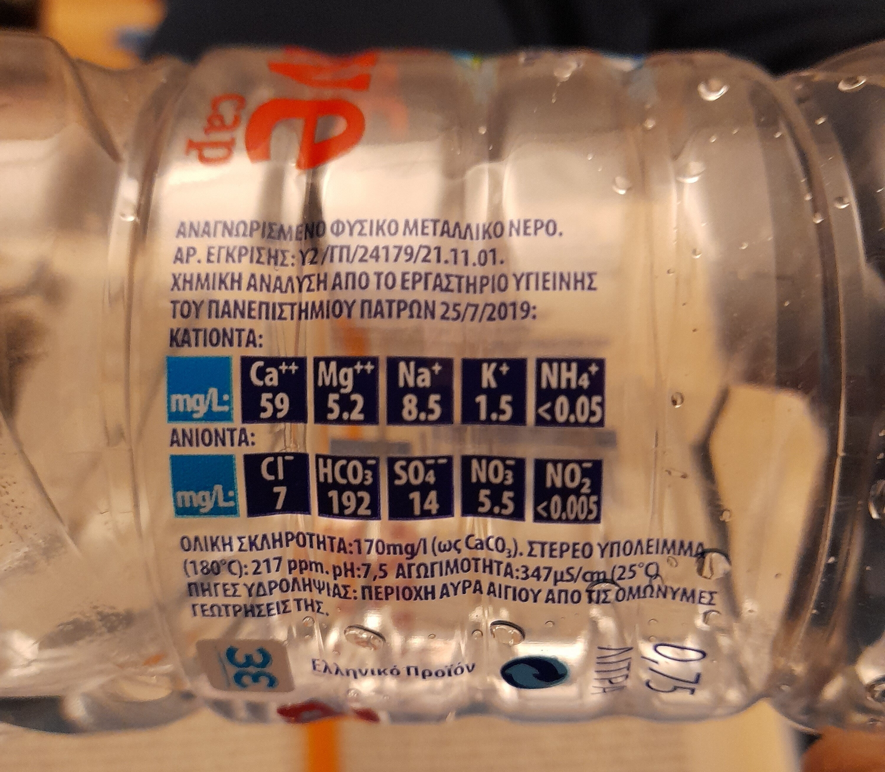 Avra Mineral Water 0.75L Sport Bottle - Ingredients - el