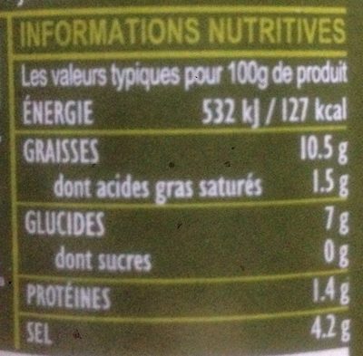 Olives Vertes Dénoyautées Bio - Pot De 290 G - Tableau nutritionnel