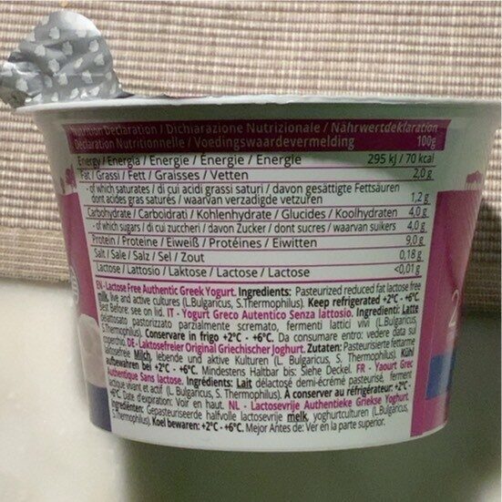 Yogurt Greco senza lattosio - Valori nutrizionali