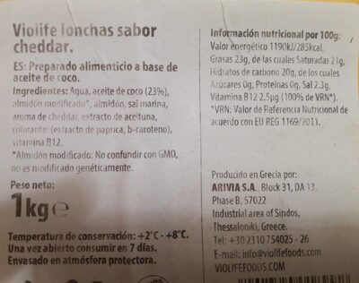 Violife lonchas sabor cheddar - Informació nutricional - es