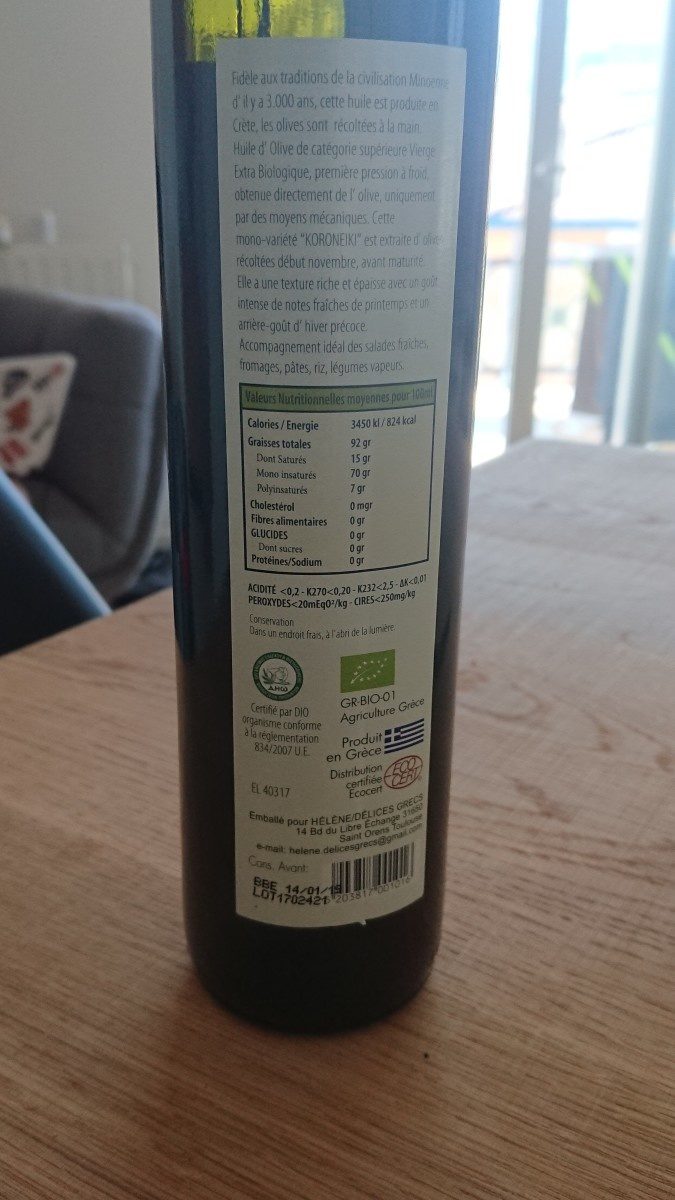 Huile d'olive verte biologique vierge extra de Crète - Ingrédients