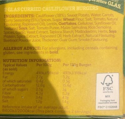 Curried cauliflower burger - Nutrition facts