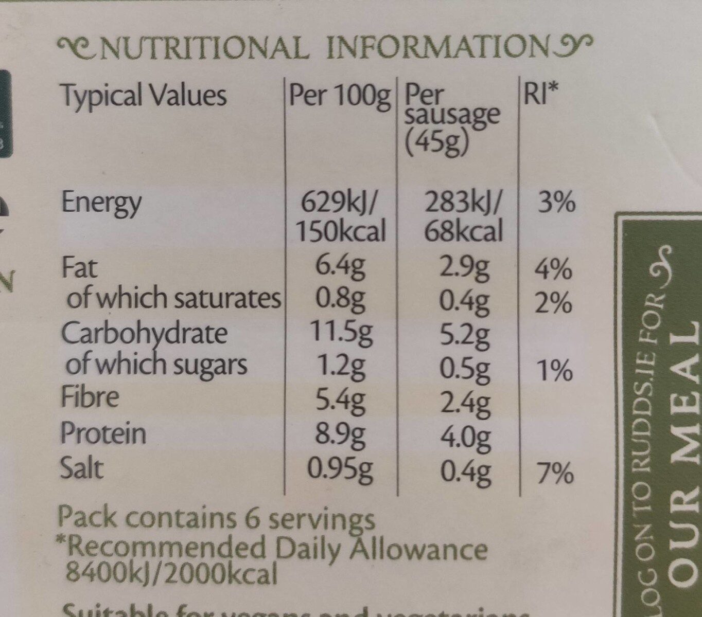 Traditional Seasoned Meat-Free Sausages - Nutrition facts