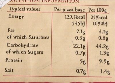 4 Mini Stonebaked Pizza Bases - Nutrition facts