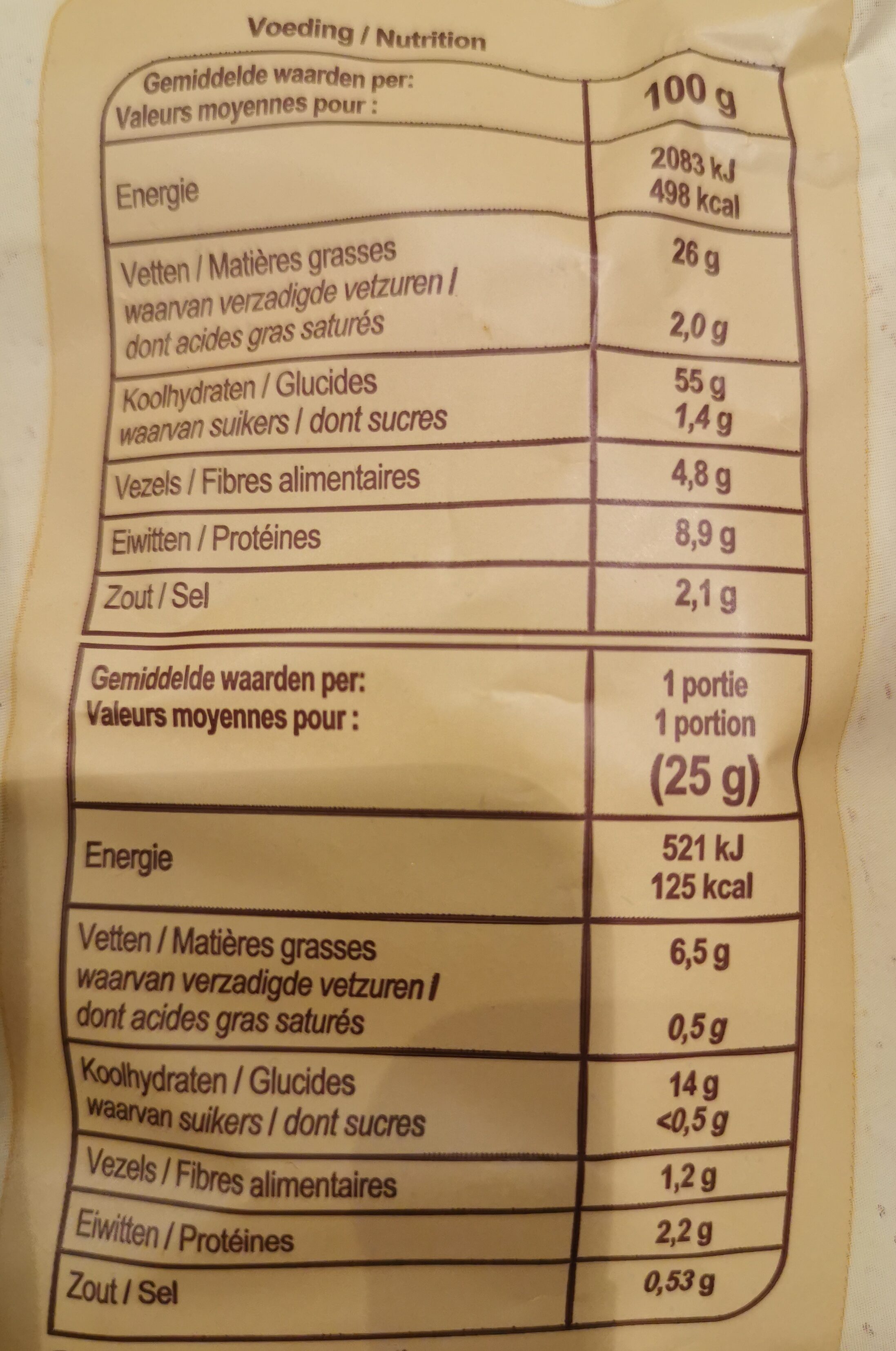 Chips bio pois chiches - Tableau nutritionnel