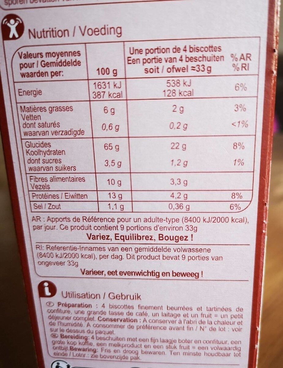 Biscottes à la farine complète 57% - Voedingswaarden - fr
