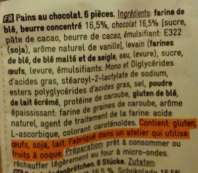 Pains au chocolat (x 6) 270 g - 365 - Ingrediënten - fr