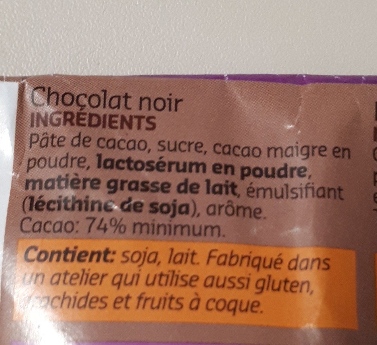 Chocolat Noir 74% Cacao - Ingredients - fr