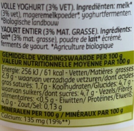 Volle yoghurt - Tableau nutritionnel