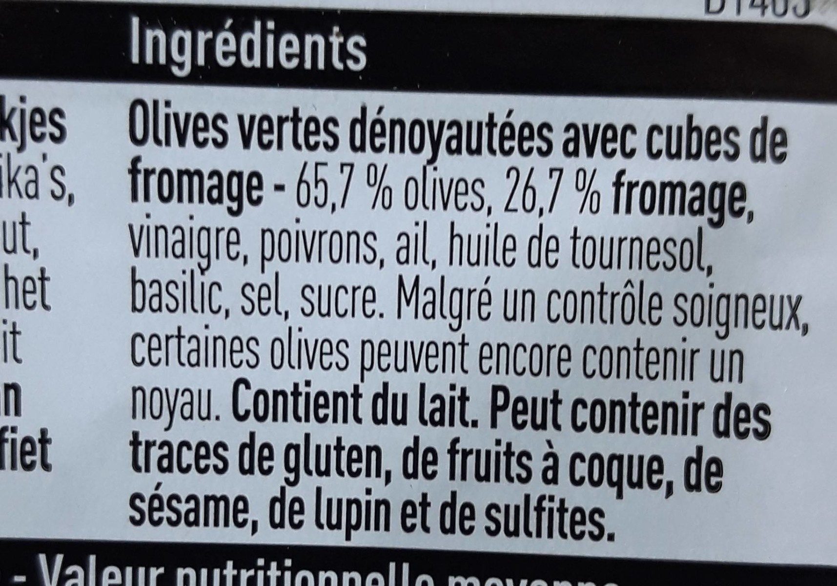 Olives vertes cubes de fromage - Ingrédients