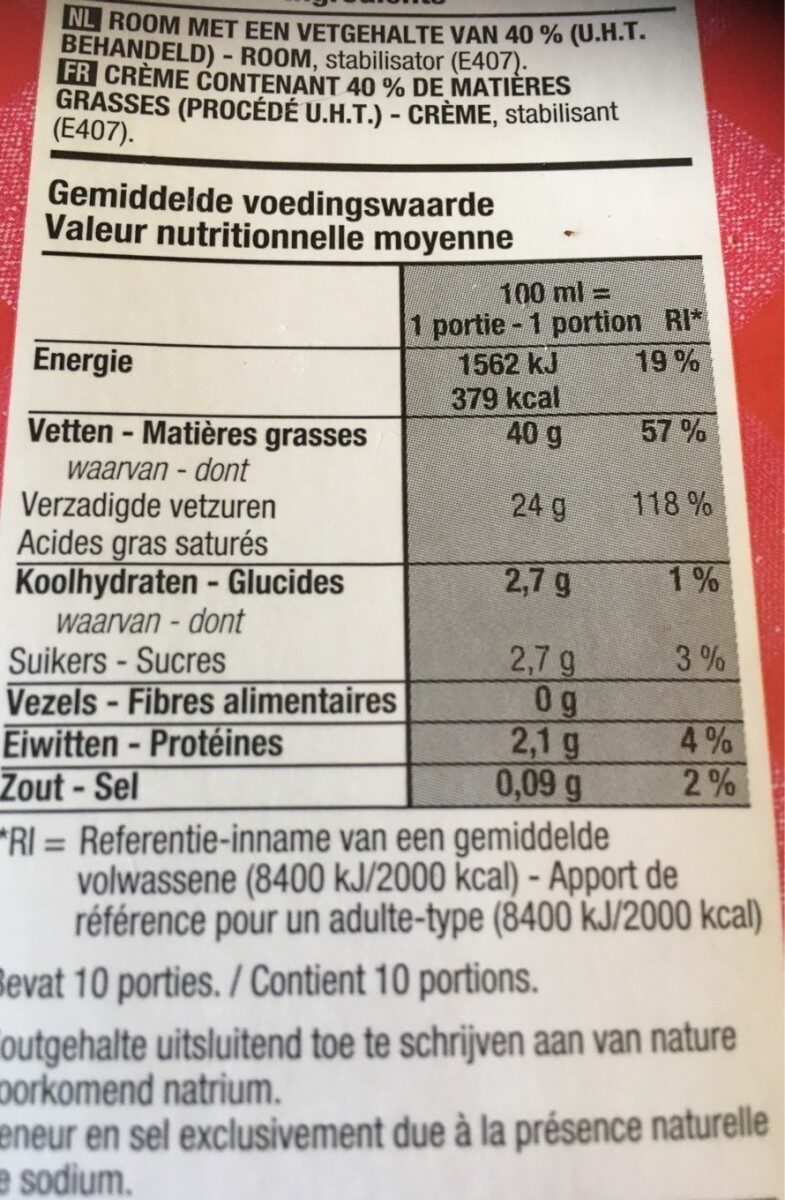 crème fouetter 40% - Nutrition facts - fr