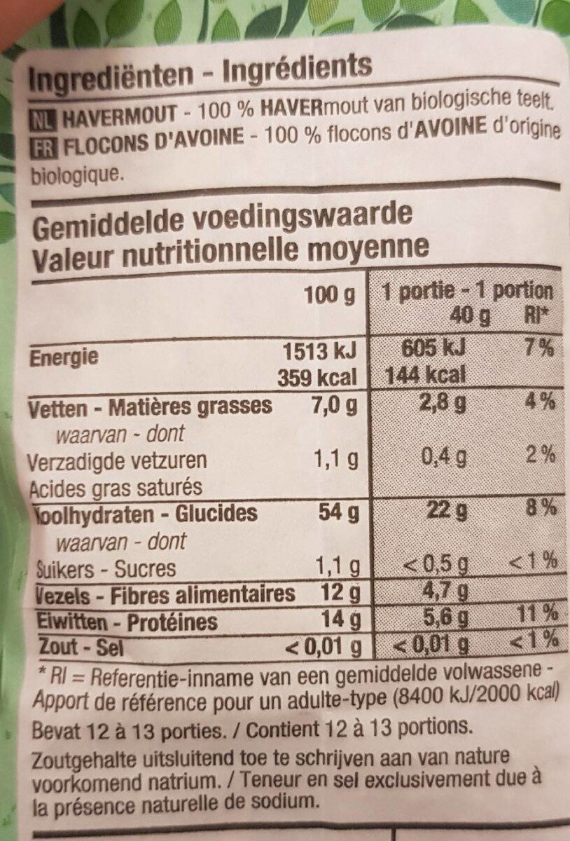 Flocons d'avoine - Tableau nutritionnel