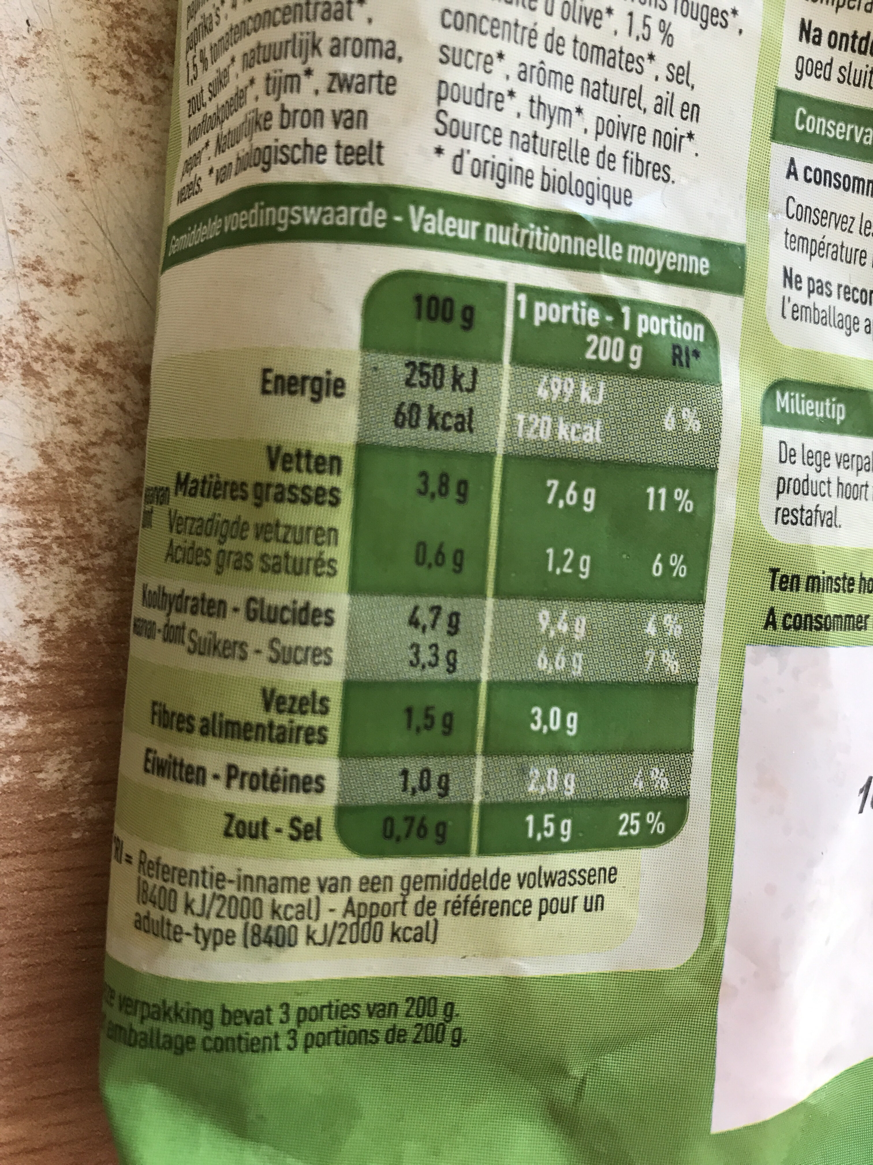 Bio Ratatouille - Tableau nutritionnel