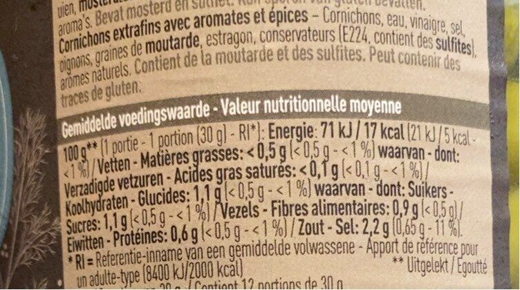 Cornichons vinaigre - Tableau nutritionnel