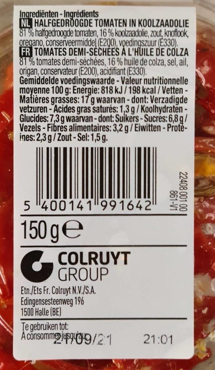 Tomates Demi-Séchées à l'Huile - Voedingswaarden - fr