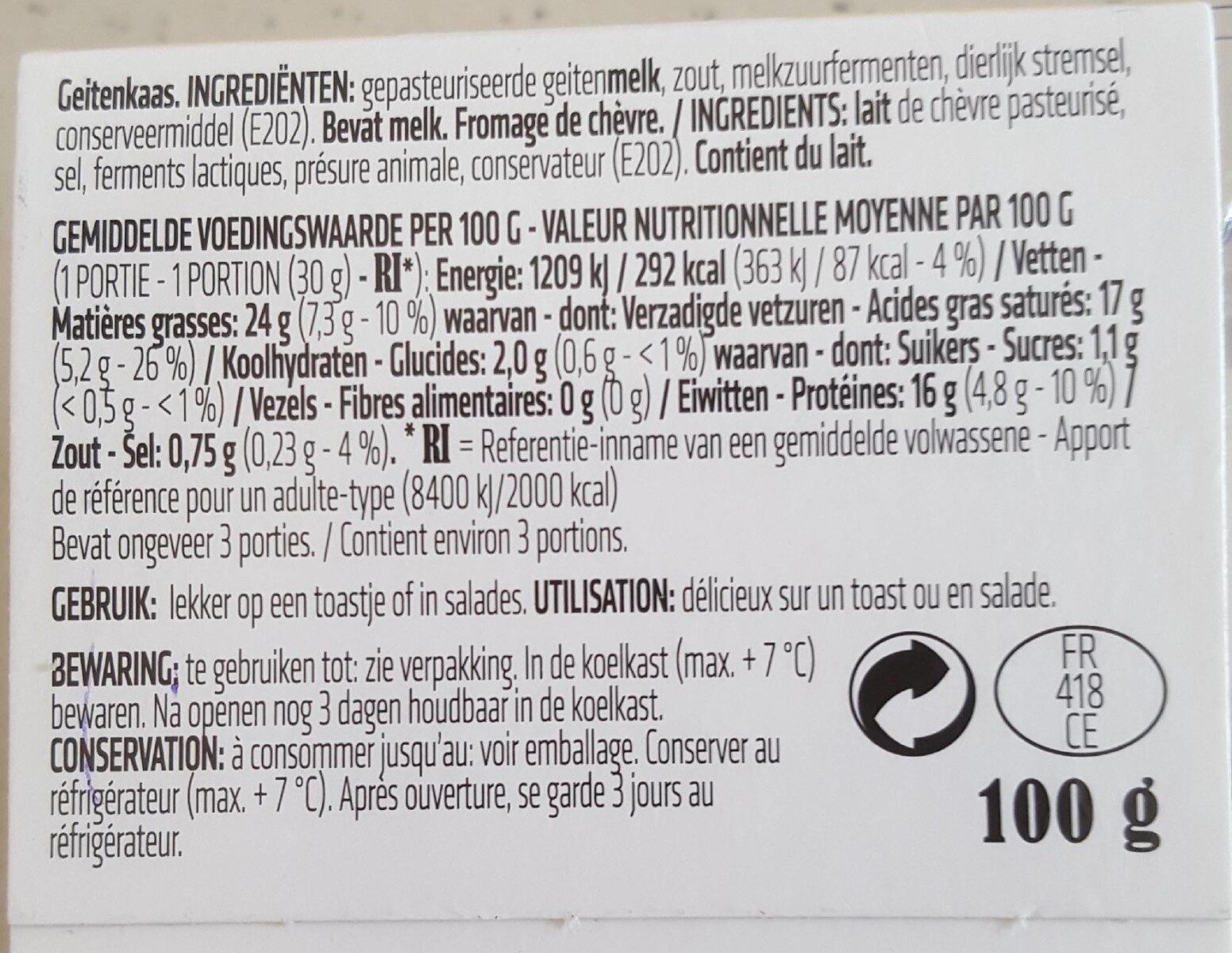 Fromage de chèvre nature - Ingrediënten - fr