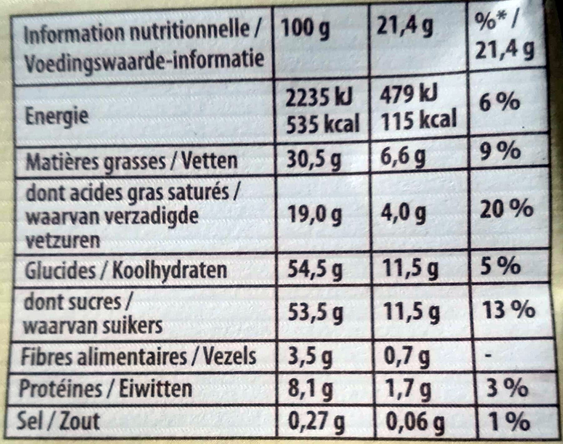 Côte d'or Lait-Melk - Tableau nutritionnel