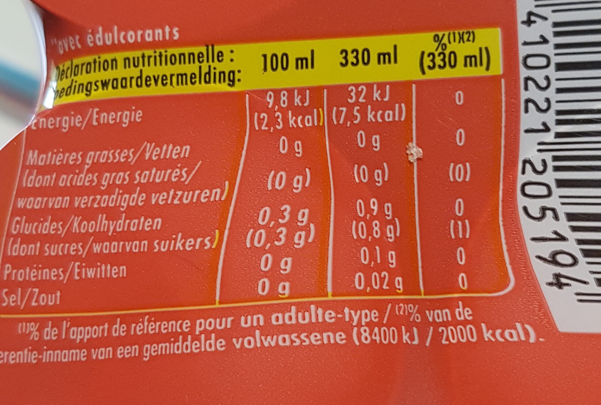 Schweppes Zero agrumes - Tableau nutritionnel