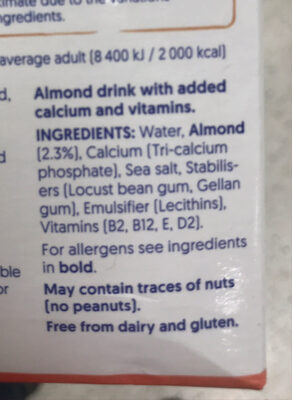Almond Unsweetened - Ingredients