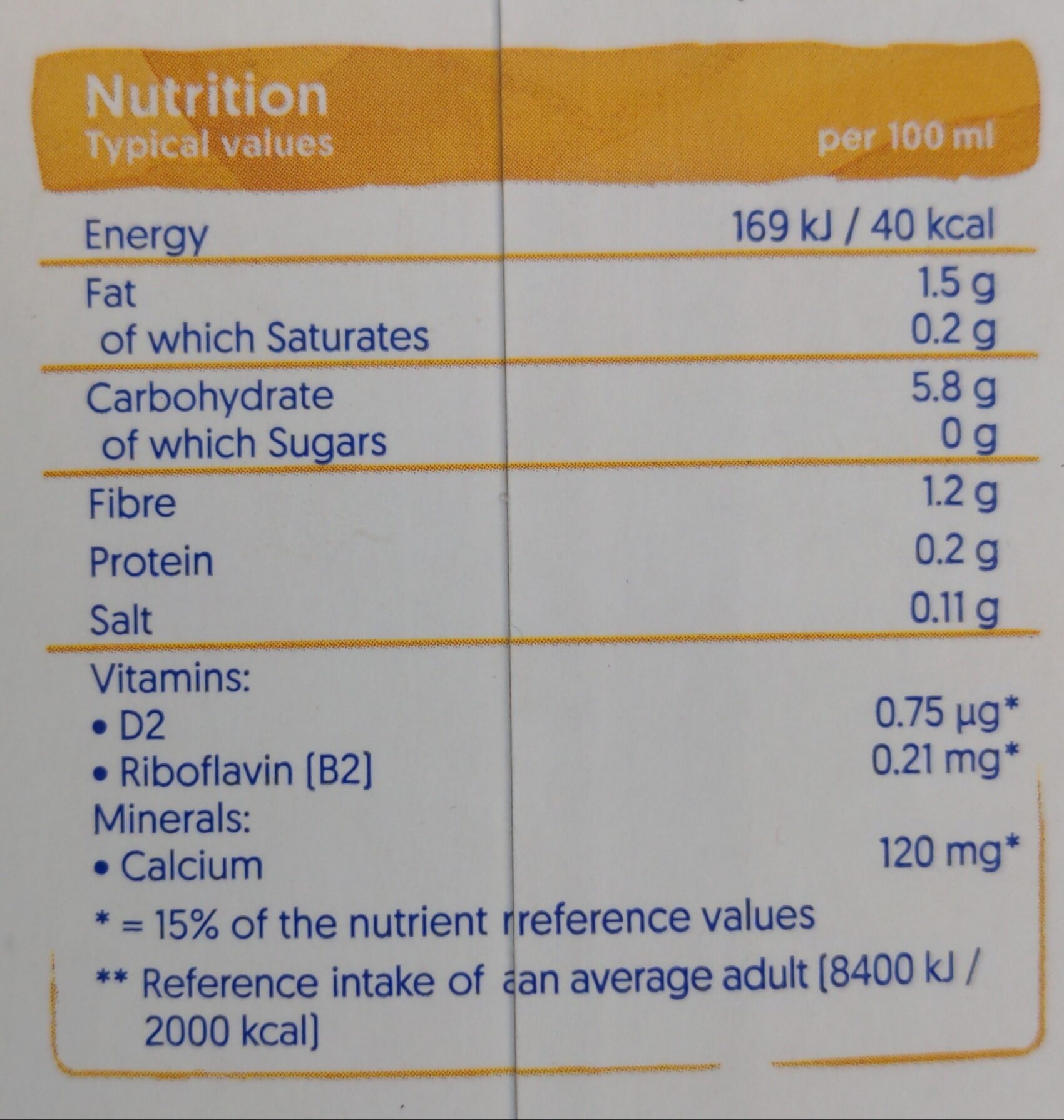 No sugars oat - Nutrition facts