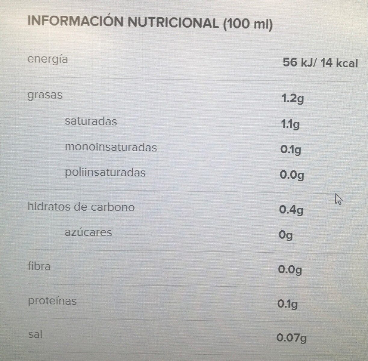 Coconut No Sugars - Tableau nutritionnel
