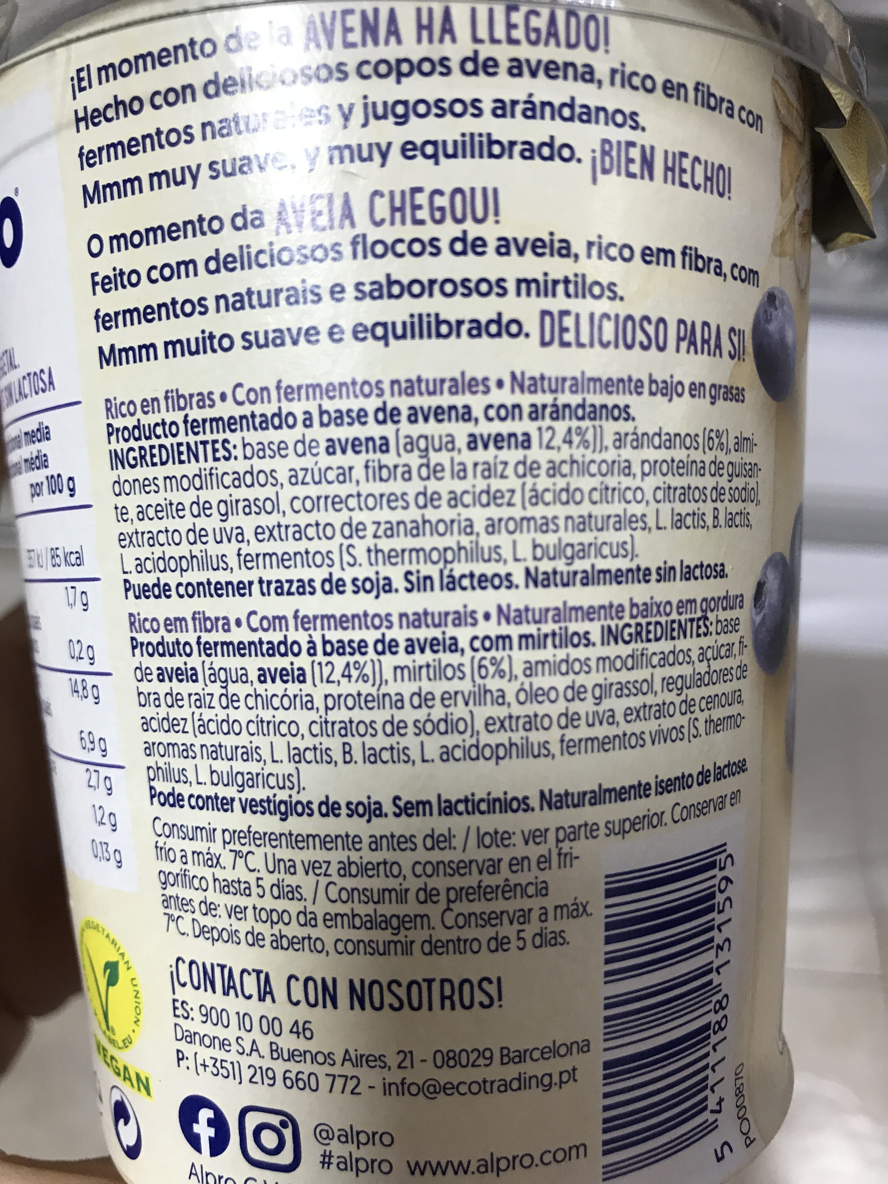 Alpro Avena + Arándano - Ingredientes