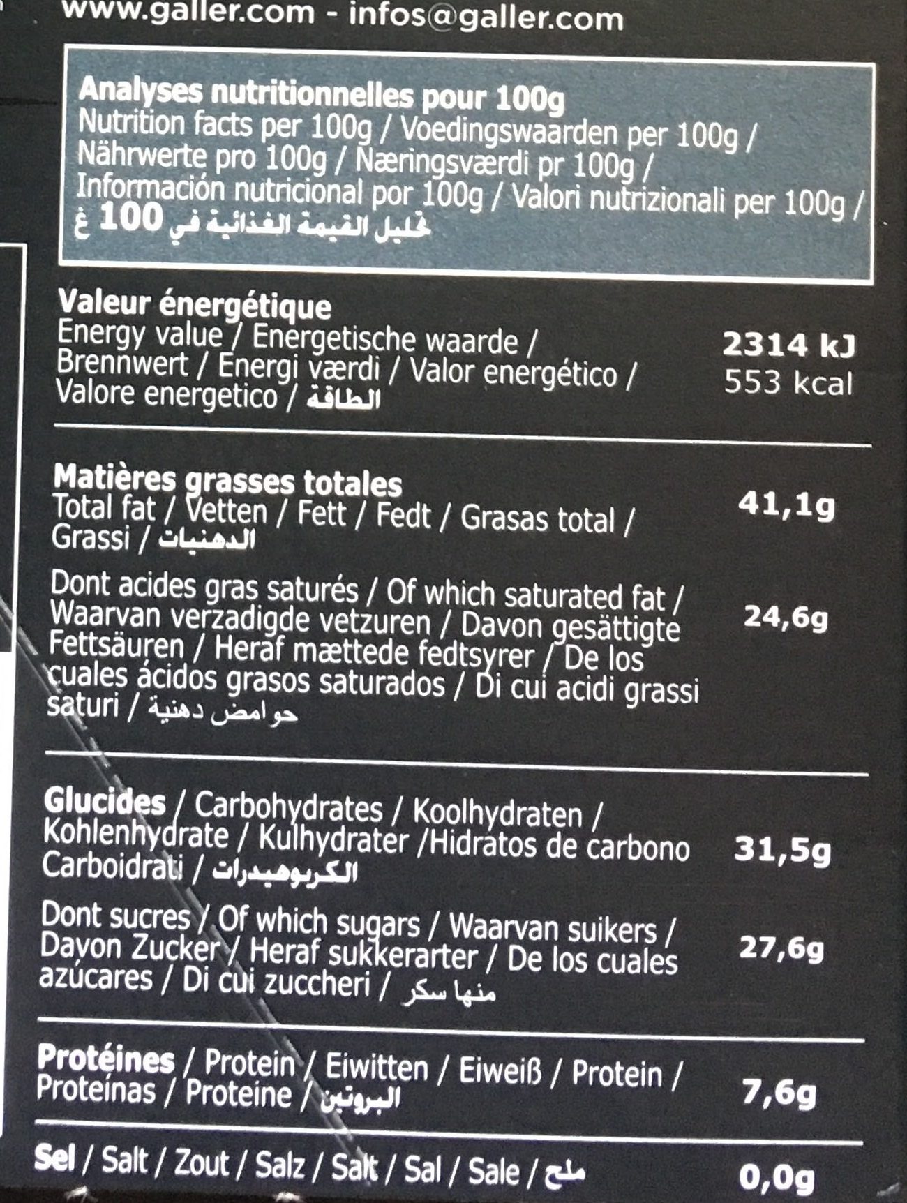 Tablette Galler Noir 70% Orange - 营养成分 - fr