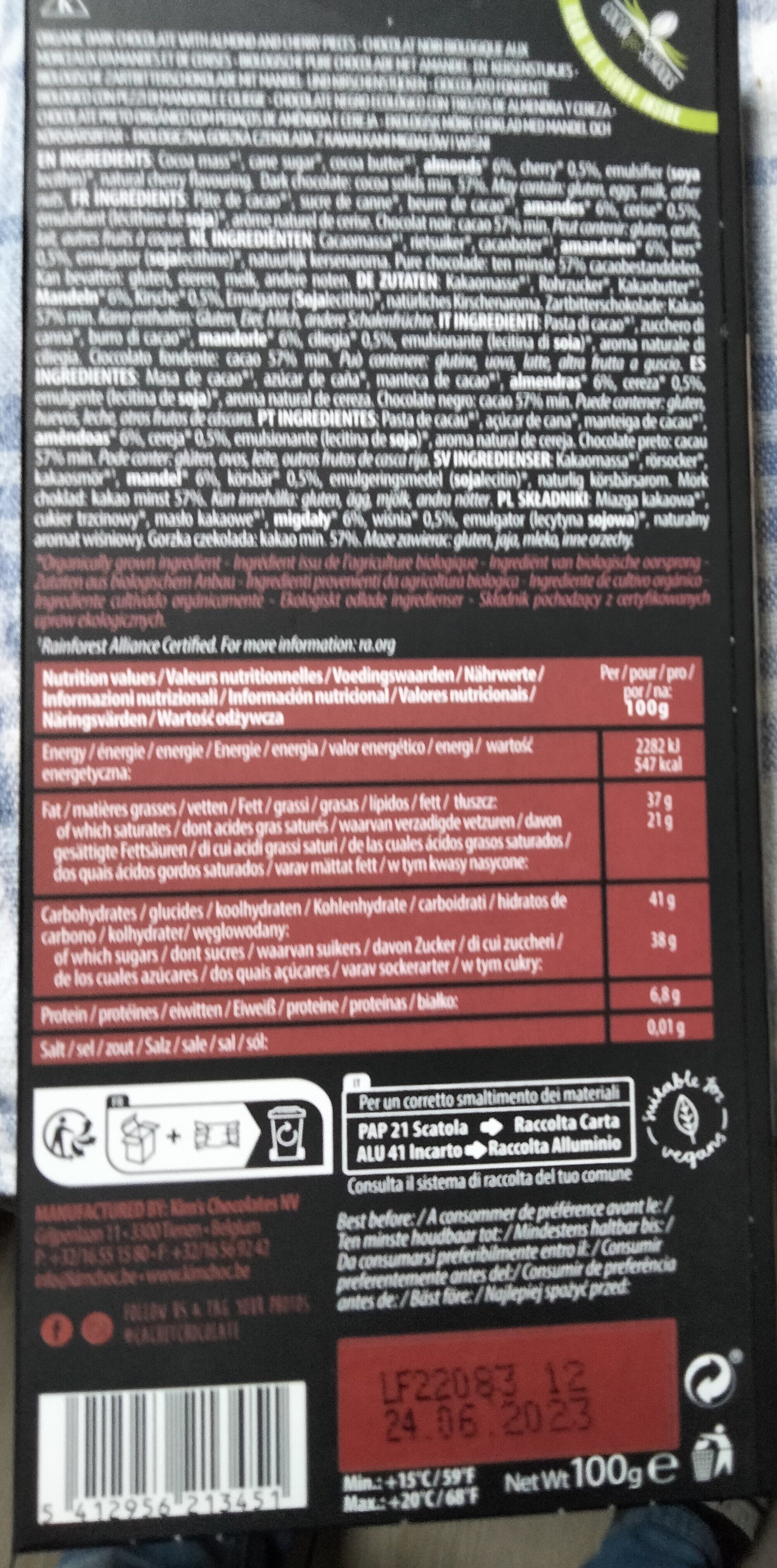 Cherries & almond 57% cacao dark chocolate - Recyclinginstructies en / of verpakkingsinformatie - fr