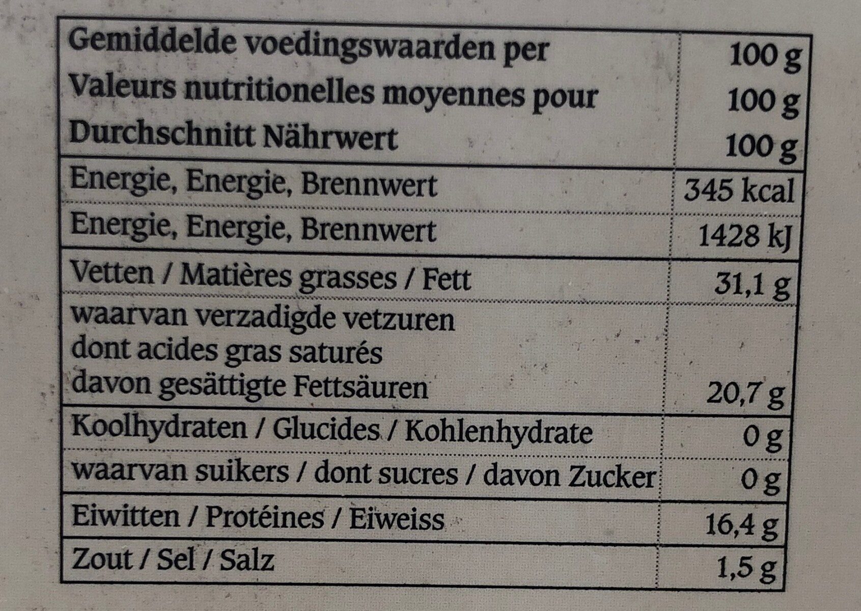 Dentelle De Bruges - Tableau nutritionnel