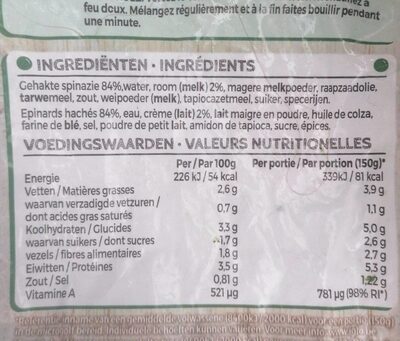 Epinards hachés a la creme - Nutrition facts - fr