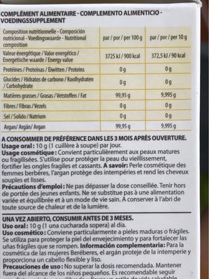 Huile végétale argan bio - Nutrition facts - fr