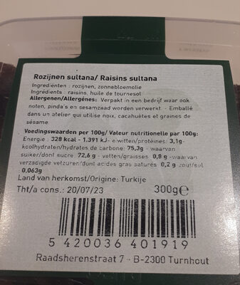 rozijnen sultana - Tableau nutritionnel - nl