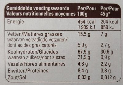 Muesli crunchy chocolate rice quinoa - Tableau nutritionnel - nl