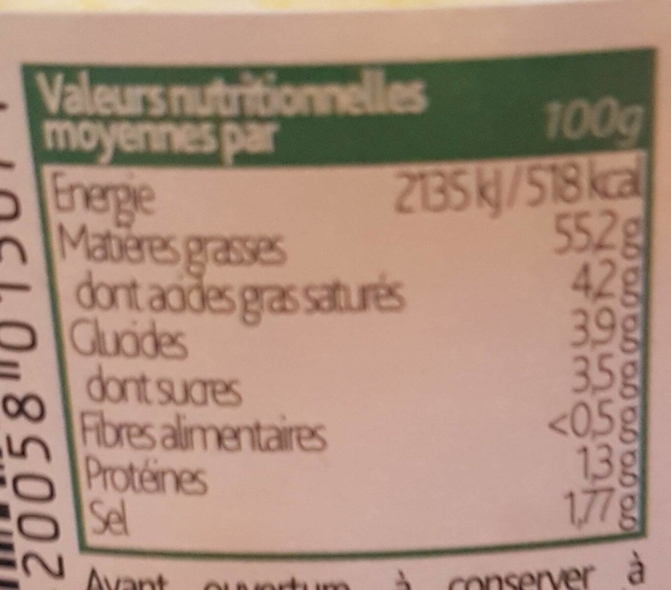 Sauce Béarnaise - Tableau nutritionnel