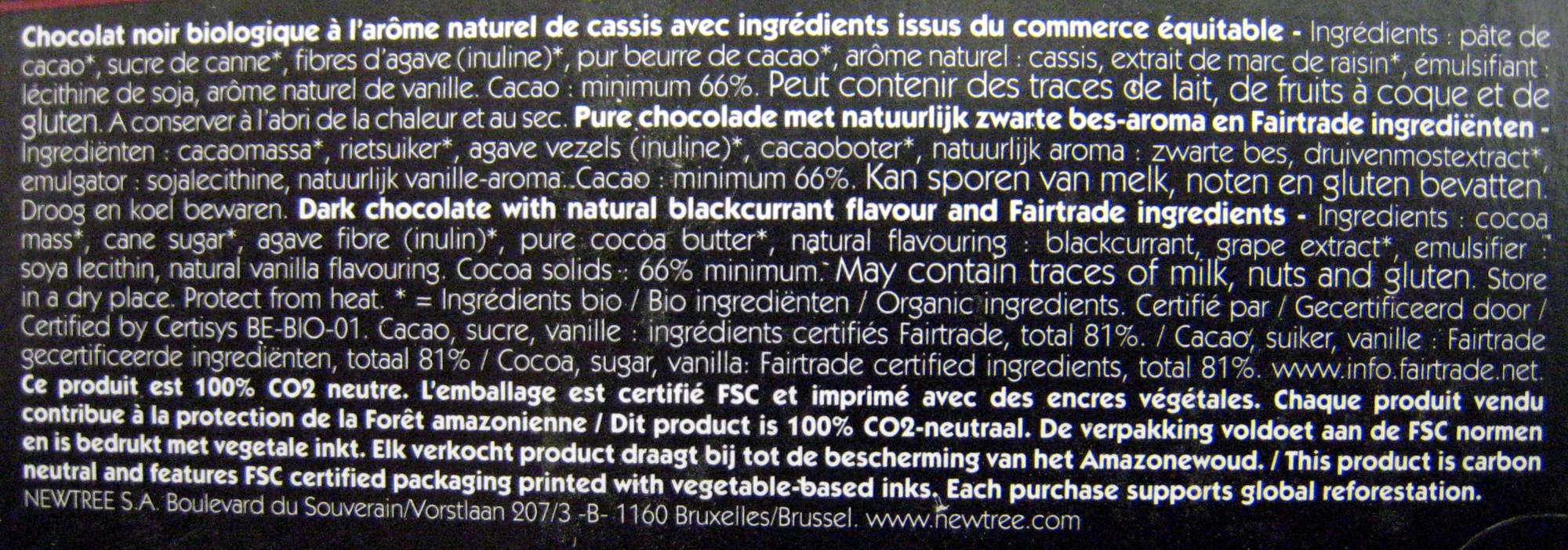 Chocolat Cassis NewTree - Ingrédients