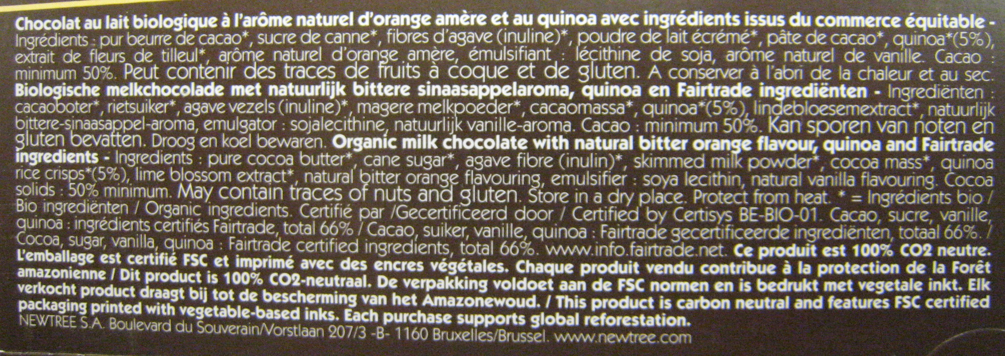 Chocolat Orange amère NewTree - Ingrédients