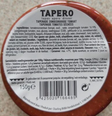 Tapenade tomaat - Tableau nutritionnel