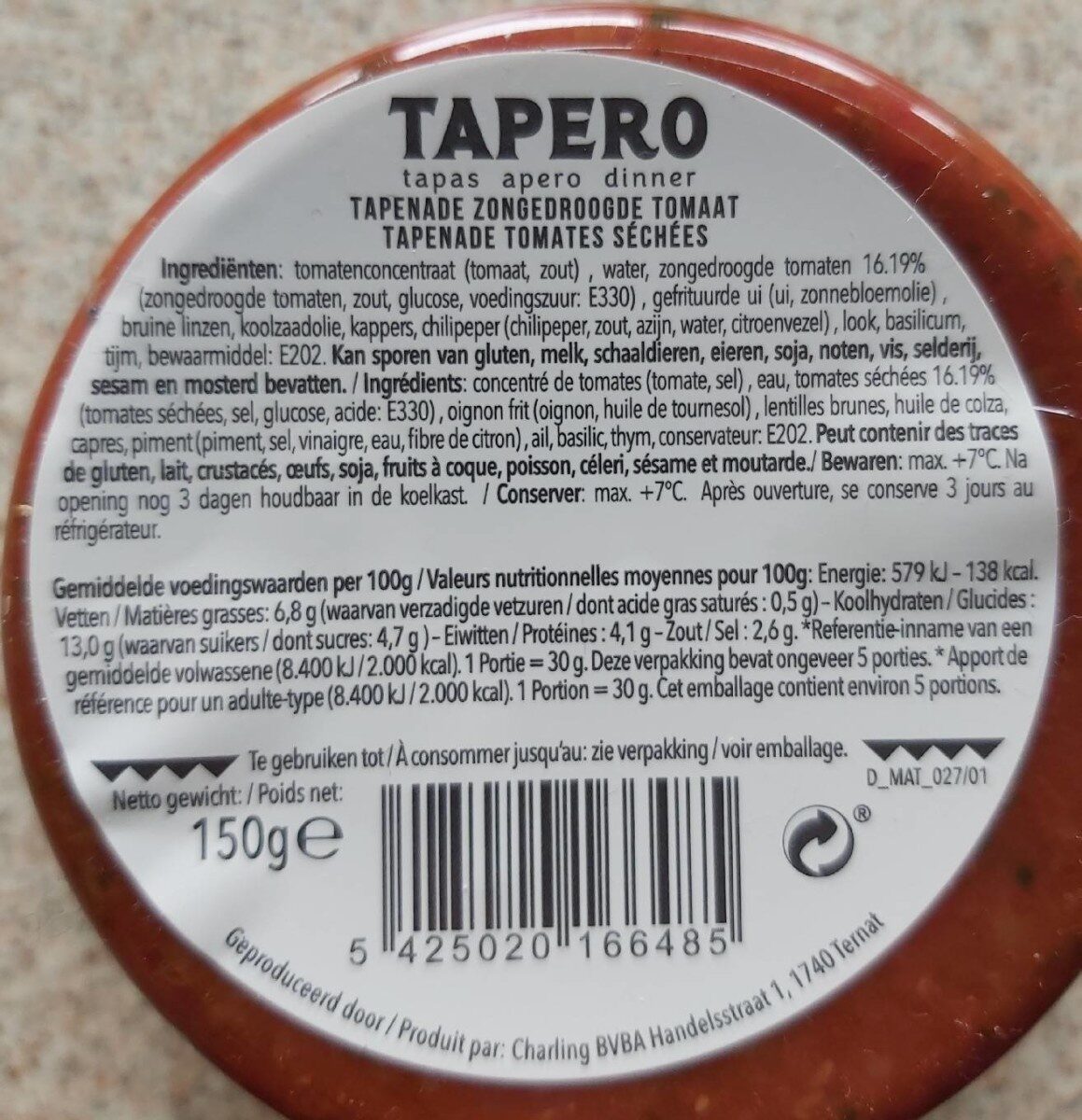 Tapenade tomaat - Tableau nutritionnel