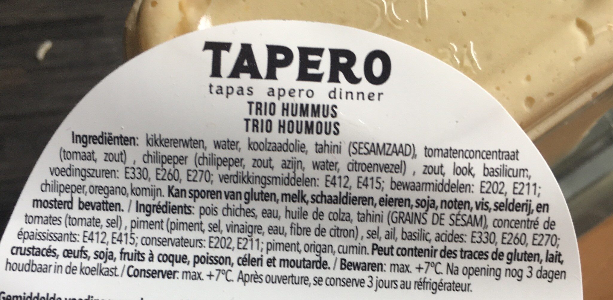 Tapero Trio Hummus - Tableau nutritionnel