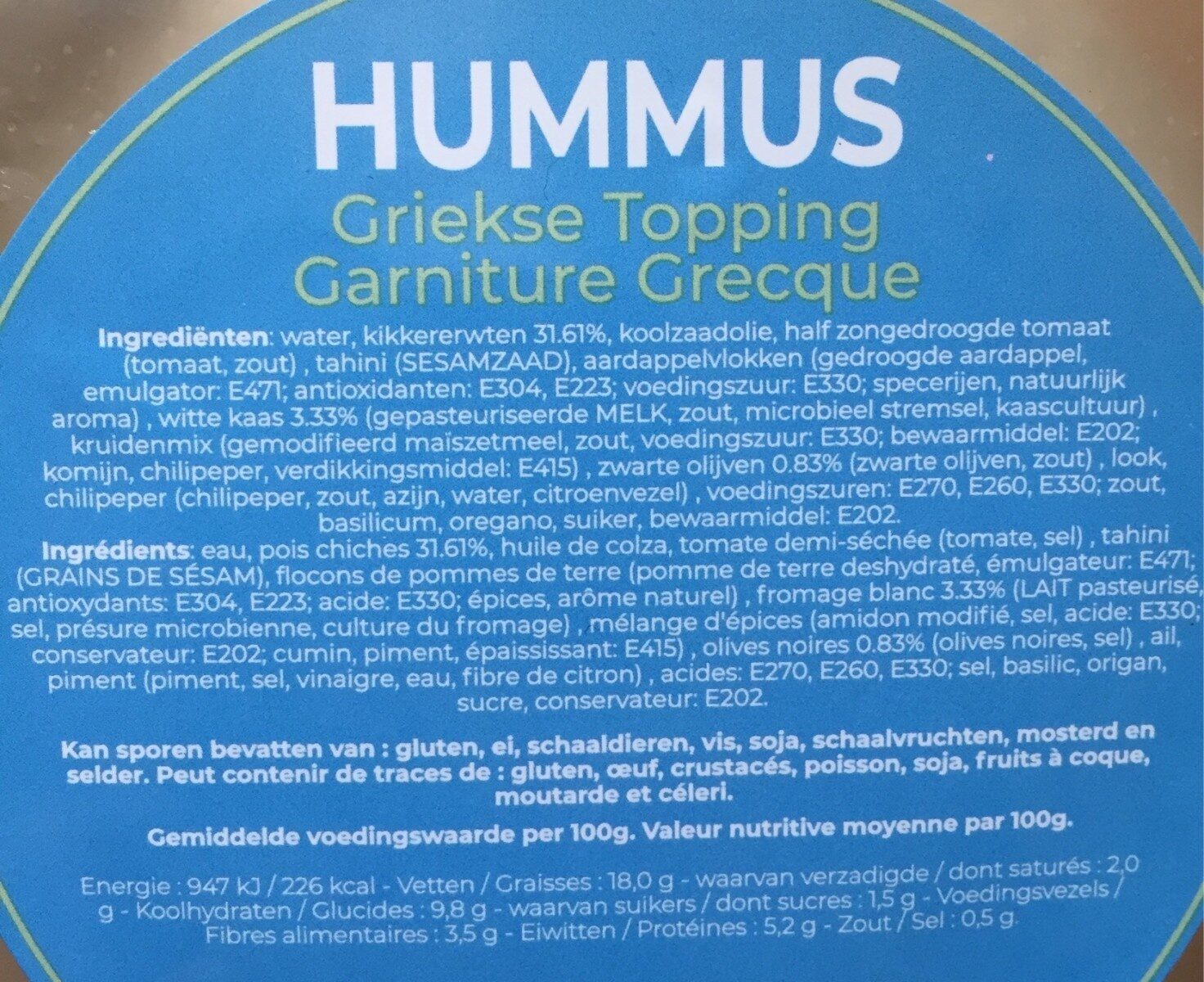 Hummus - Griekse topping - Tableau nutritionnel
