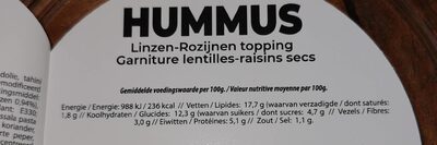 Hummus lentilles raisins secs - Tableau nutritionnel