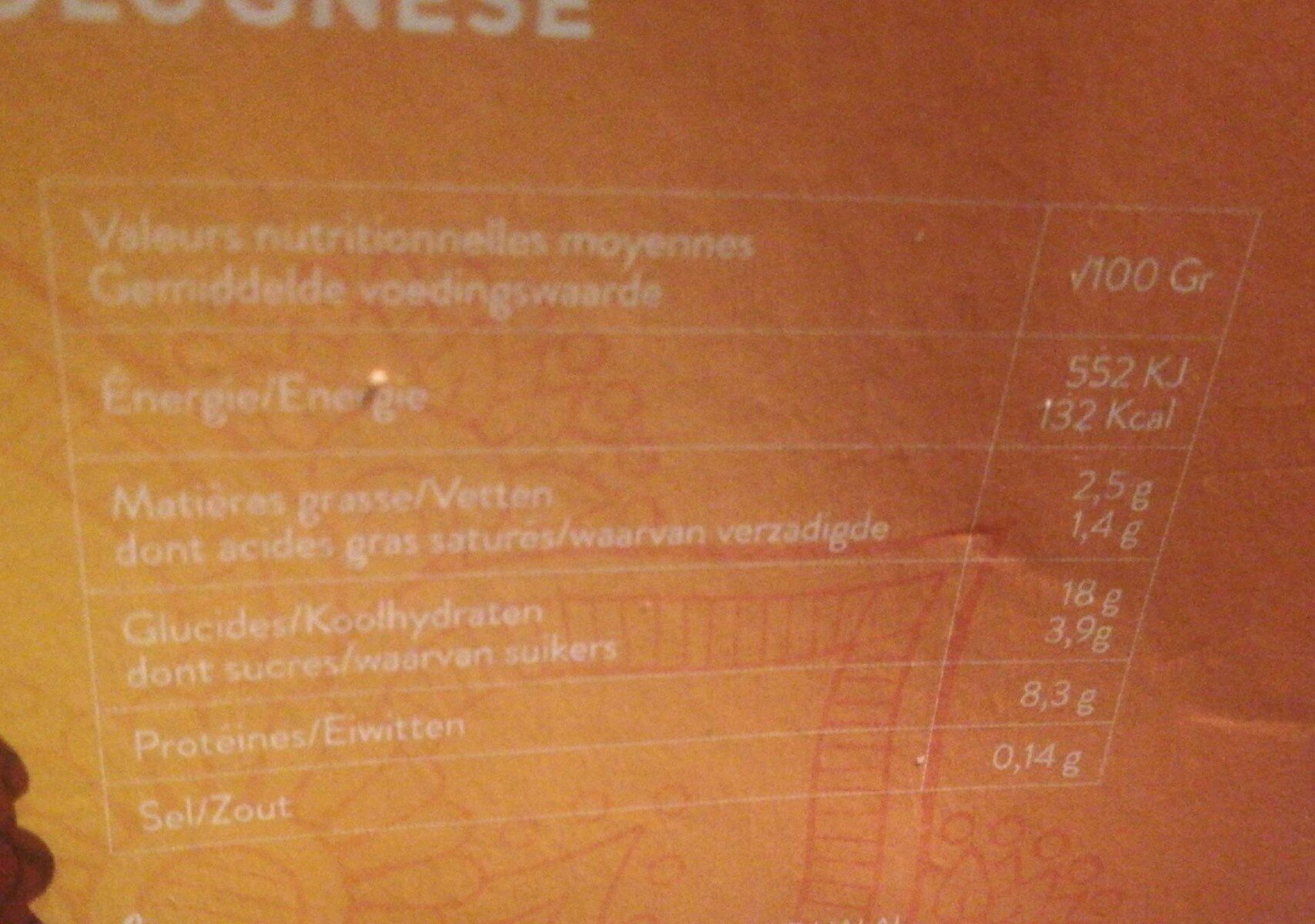 Lasagne Bolognaise 100% boeuf - Voedingswaarden - fr