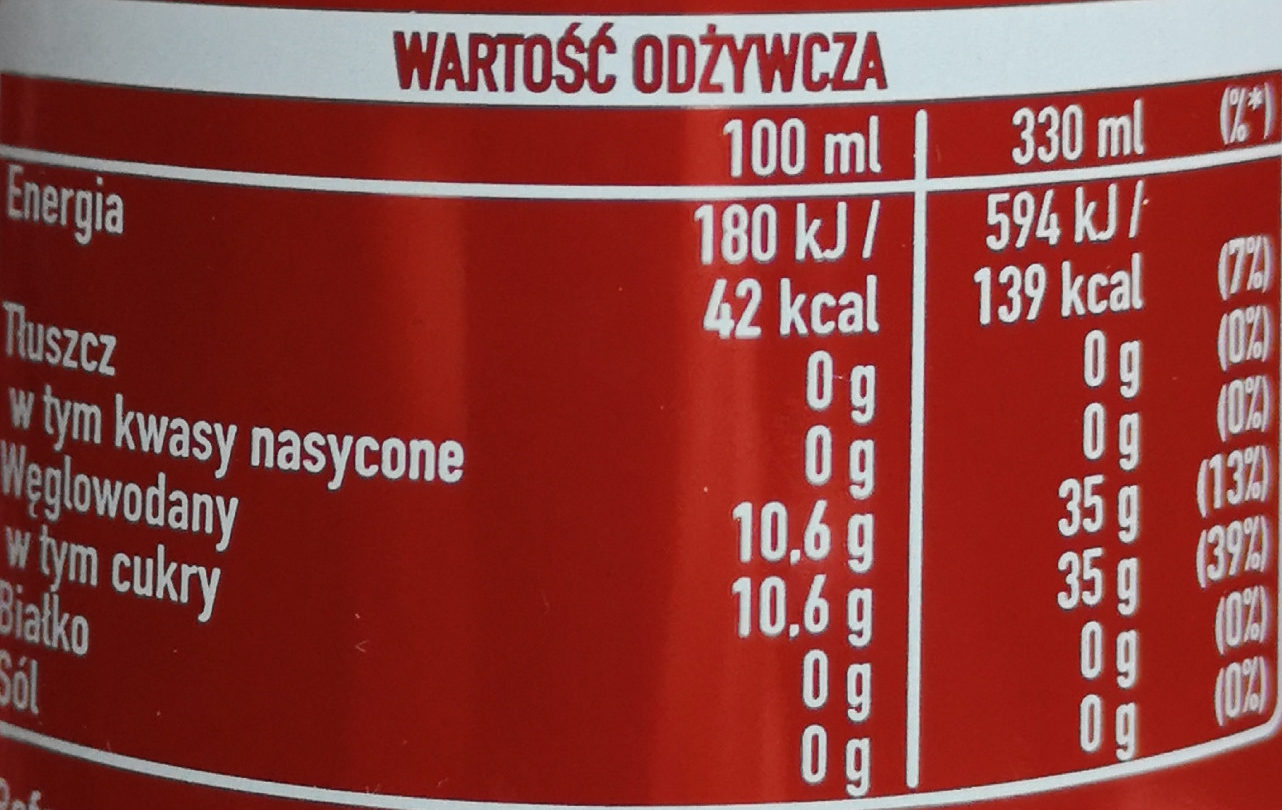 Coca-Cola - napój gazowany o smaku cola - Voedingswaarden - pl