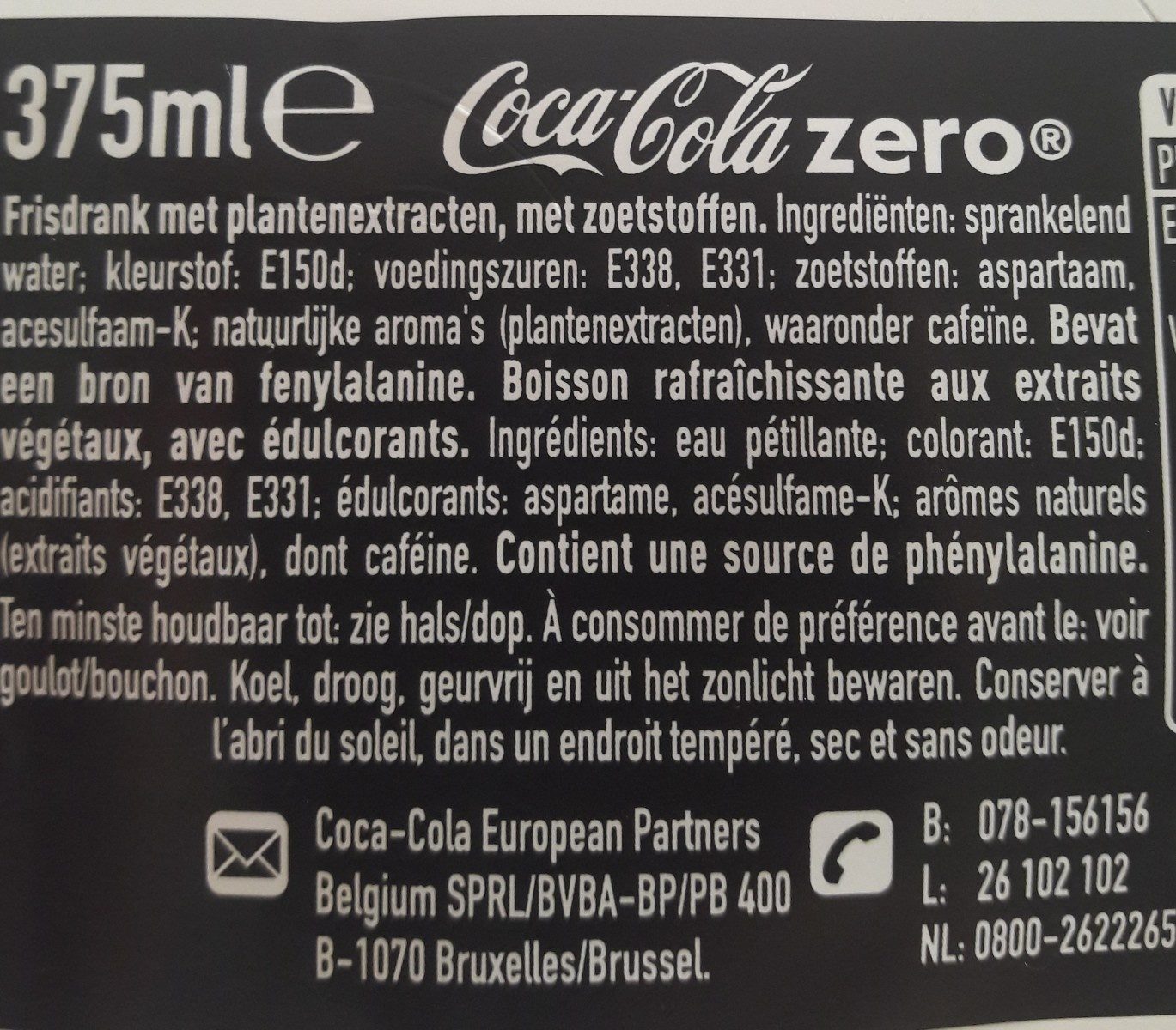 Coca Cola Coke Zero 375Ml - Ingrediënten - fr