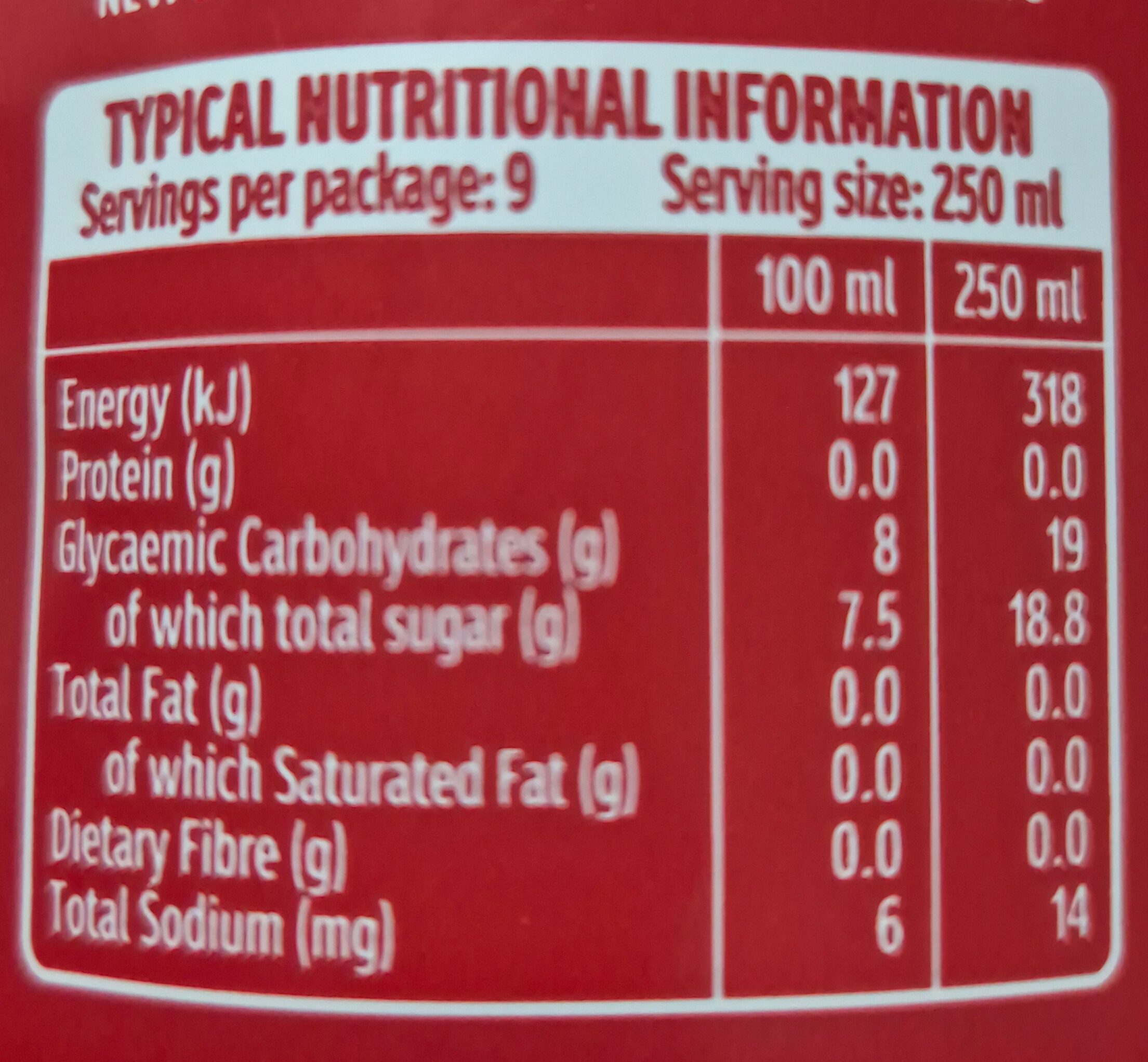 Coca-Cola Less Sugar - Wartości odżywcze - en