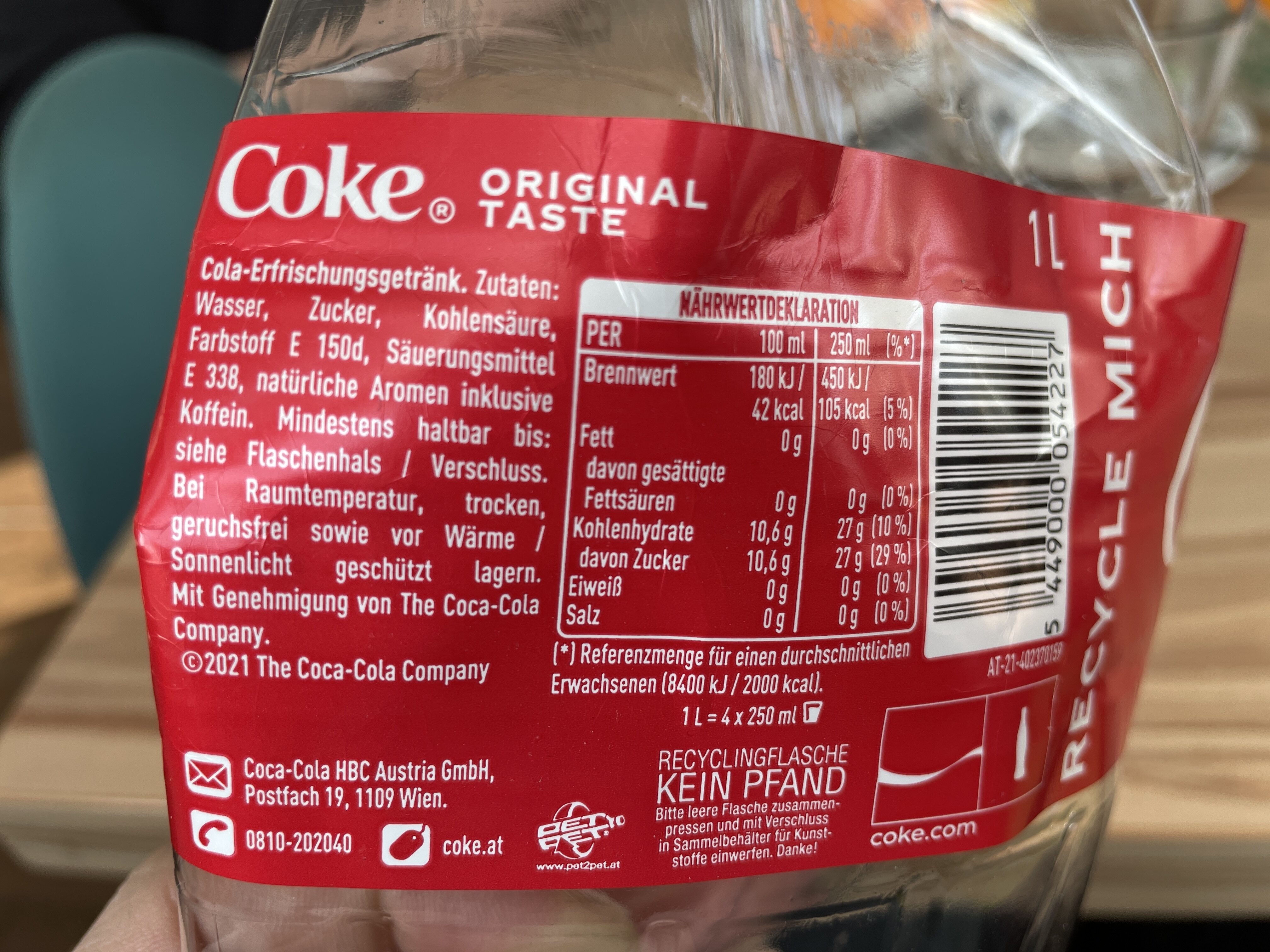 Coca cola 1 litre - 成分 - en
